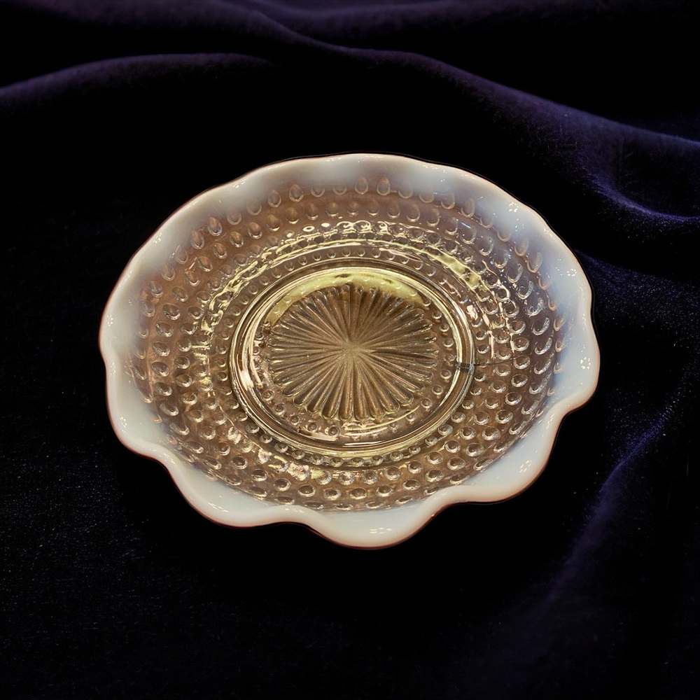 Vintage 1940s Anchor Hocking Moonstone Opalescent Hobnail Ruffled Bowl